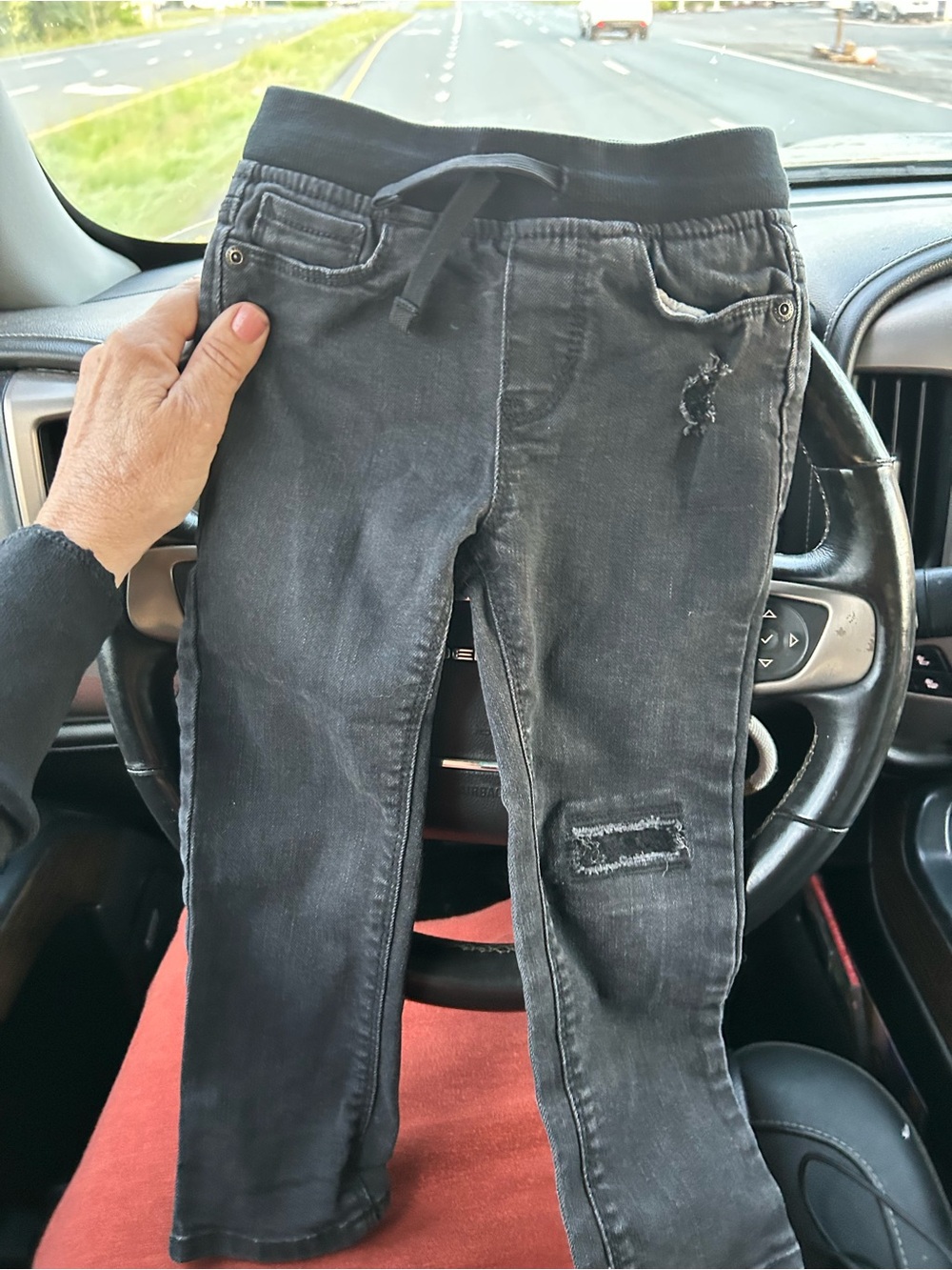 Black Distressed Kids' Slim Jeans with Drawstring Waist, 3T